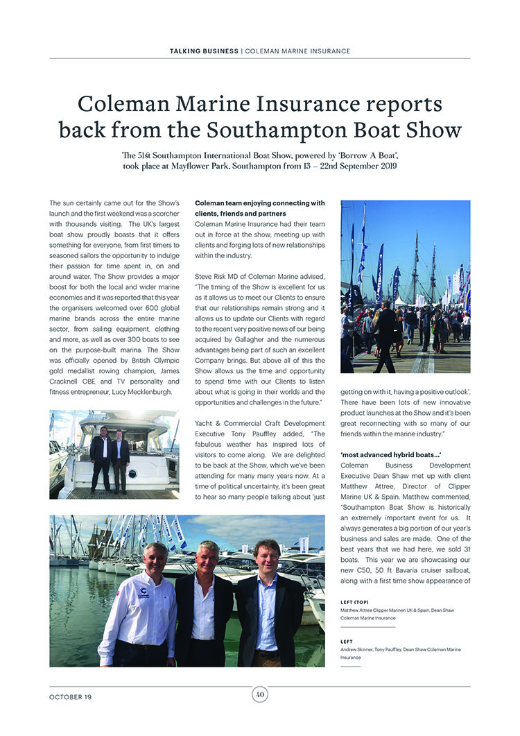 Coleman Marine Insurance reports back from the Southampton Boat Show
